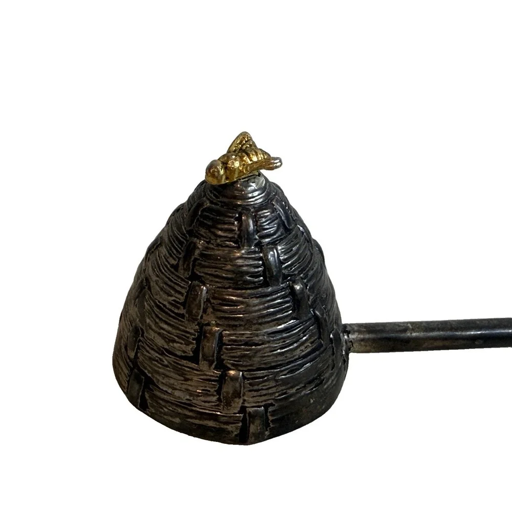 Vintage Silver Plated Beehive Candle Snuffer Long Handle Textured Gold Bee Skep